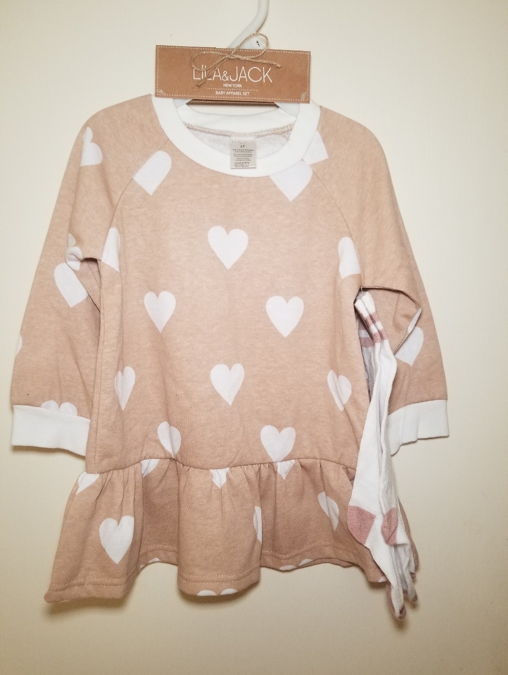 Lila & Jack Tan Heart Ruffle Hem Kids Top/ Dress and Socks Size 4t